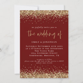 Invitación Elegante Boda Brillo Dorado Borgoña QR