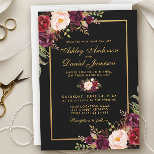Invitación Elegante Boda Burgundy Floral Black Gold