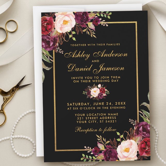 Invitación Elegante Boda Burgundy Floral Black Gold (Customize to change text color, style, add text & photos to back or change color of back of card.)