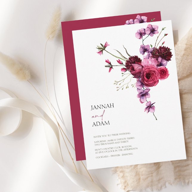Invitación Elegante Boda Burgundy Floral Bouquet (Elegant Burgundy Floral Bouquet Wedding Invitation)