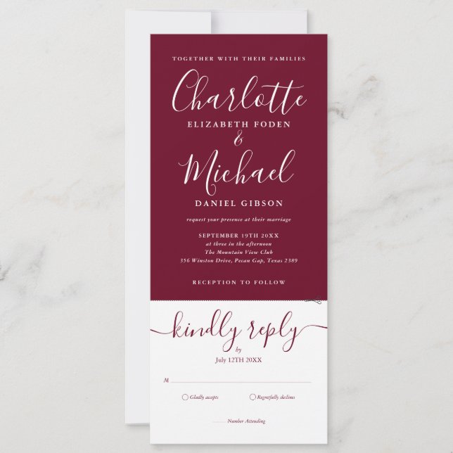 Invitación Elegante Boda Burgundy Todo en Uno Script (Anverso)