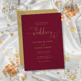 Invitación Elegante Boda Caligrafía Corazones Dorados Burgund