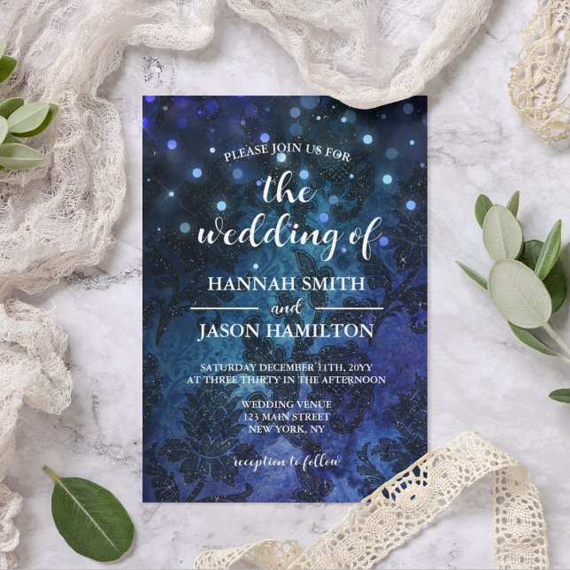 Invitación Elegante Boda caprichoso azul de la marina (Elegant Navy Blue Enchanted Whimsical Wedding Invitation
)