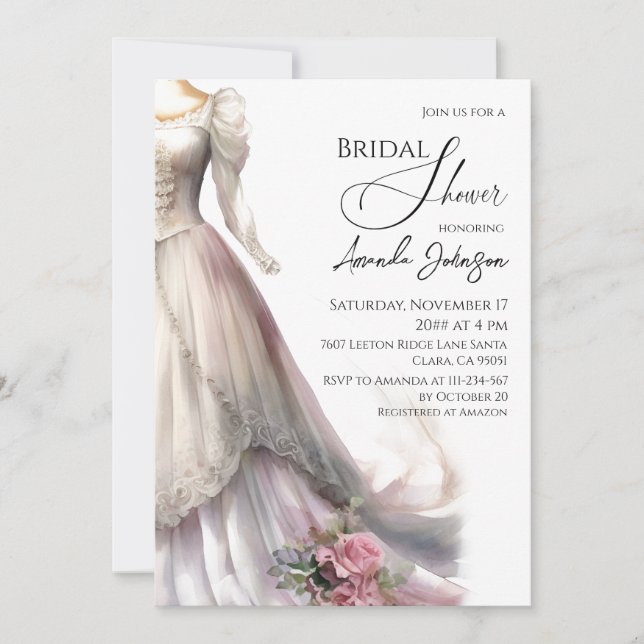 Invitación Elegante Boda caprichoso Vestido Bridal Shower (Anverso)