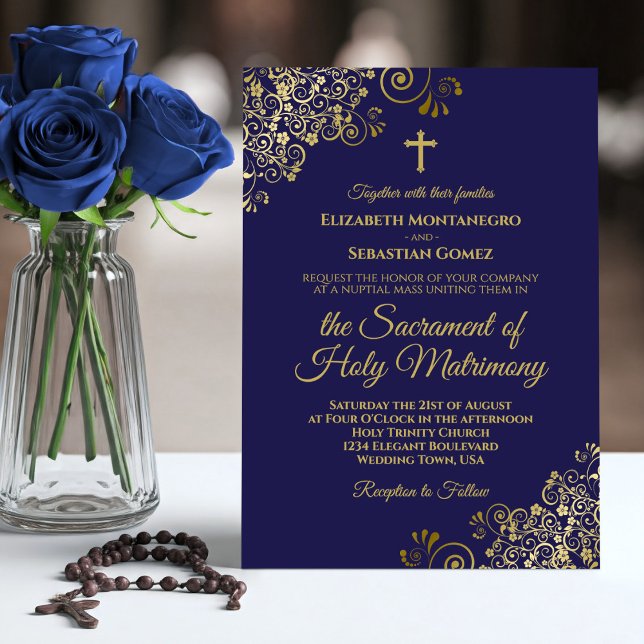 Invitación Elegante Boda Católico Azul y Dorado de la Marina (Subido por el creador)
