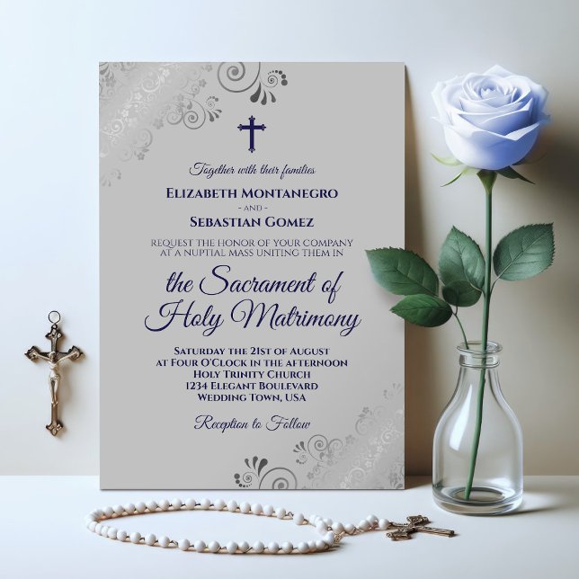 Invitación Elegante Boda Católico Azul y Gris Moderno de la M (Subido por el creador)