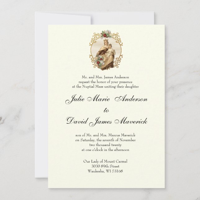 Invitación Elegante Boda Católico Clásico Monte Carmel (Anverso)