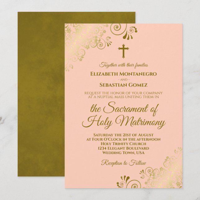 Invitación Elegante Boda católico Coral y moderno de oro (Anverso / Reverso)