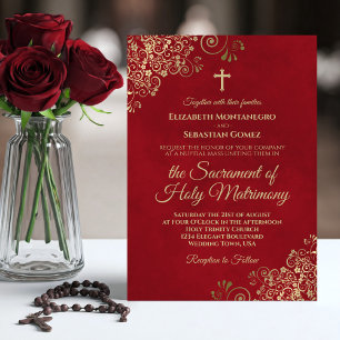Invitación Elegante Boda católico Crimson rojo y dorado moder