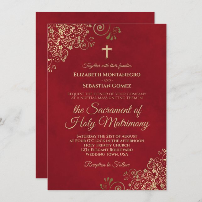 Invitación Elegante Boda católico Crimson rojo y dorado moder (Anverso / Reverso)
