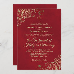 Invitación Elegante Boda católico Crimson rojo y dorado moder