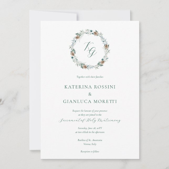 Invitación Elegante Boda Católico de la vegetación de inviern (Anverso)