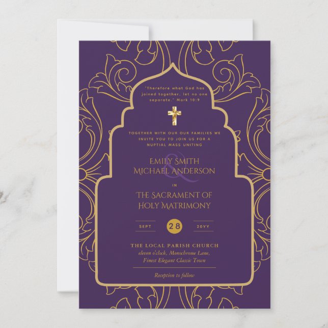 Invitación Elegante Boda católico LeahG Purple Gold (Anverso)