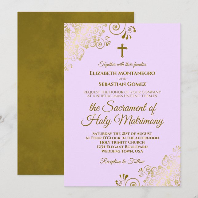 Invitación Elegante Boda católico Lilac Purple Gold Moderno (Anverso / Reverso)