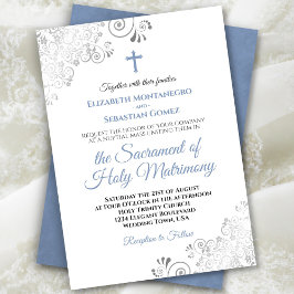 Invitación Elegante Boda católico moderno azul y gris