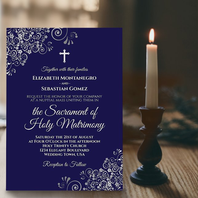 Invitación Elegante Boda católico moderno azul y plateado de  (Subido por el creador)