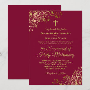 Invitación Elegante Boda católico moderno de Borgoña y Oro