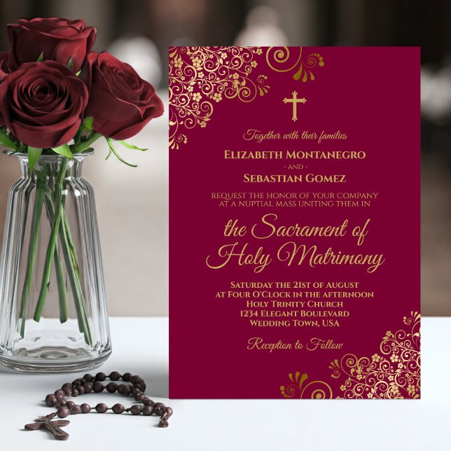 Invitación Elegante Boda católico moderno de Borgoña y Oro (Subido por el creador)