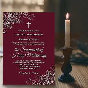 Invitación Elegante Boda católico moderno de Borgoña y Plata