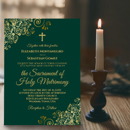 Invitación Elegante Boda católico moderno de oro verde esmera