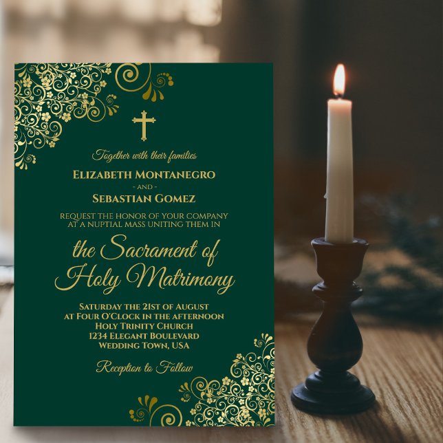 Invitación Elegante Boda católico moderno de oro verde esmera (Subido por el creador)