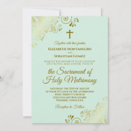 Invitación Elegante Boda Católico Moderno Mint Green y Gold