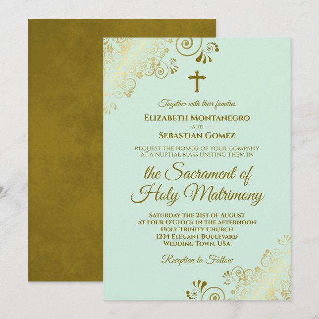 Invitación Elegante Boda Católico Moderno Mint Green y Gold (Anverso / Reverso)