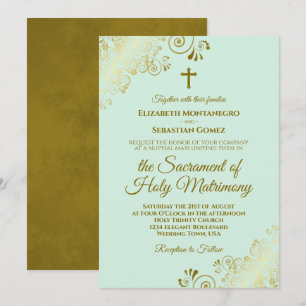 Invitación Elegante Boda Católico Moderno Mint Green y Gold