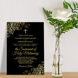 Invitación Elegante Boda católico moderno negro y oro