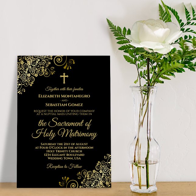 Invitación Elegante Boda católico moderno negro y oro (Subido por el creador)