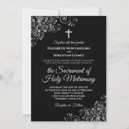 Invitación Elegante Boda católico moderno negro y plateado