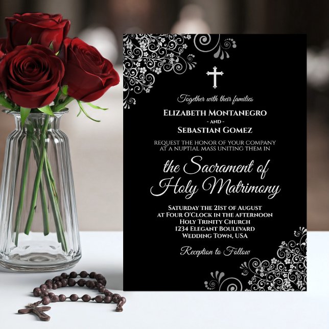 Invitación Elegante Boda católico moderno negro y plateado (Subido por el creador)