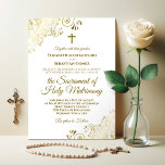 Invitación Elegante Boda Católico Moderno Oro y Blanco<br><div class="desc">Esta hermosa invitación a la boda es perfecta para una ceremonia católica moderna. Cuenta con un bonito diseño con elegantes letras de guiones dorados y adornos de rizos dorados y remolinos en las esquinas. Incluye una cruz o crucifijo, y un texto que invita a sus invitados a asistir a una...</div>