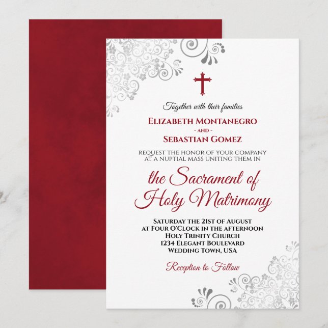Invitación Elegante Boda católico moderno rojo y gris de Crim (Anverso / Reverso)
