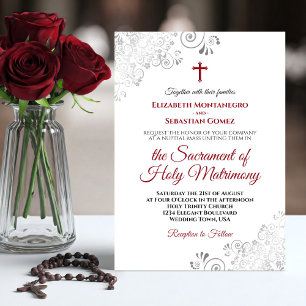 Invitación Elegante Boda católico moderno rojo y gris de Crim