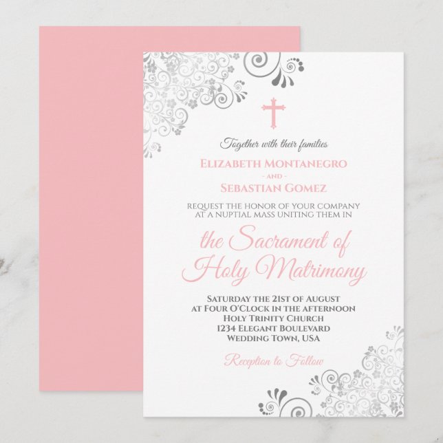 Invitación Elegante Boda católico moderno rosa y gris de Rubo (Anverso / Reverso)