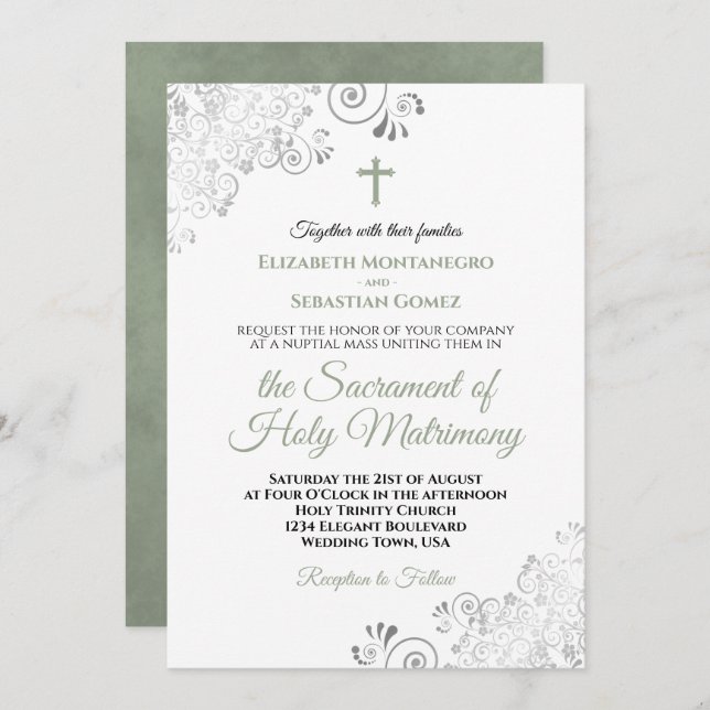Invitación Elegante Boda católico moderno verde sabio y gris (Anverso / Reverso)