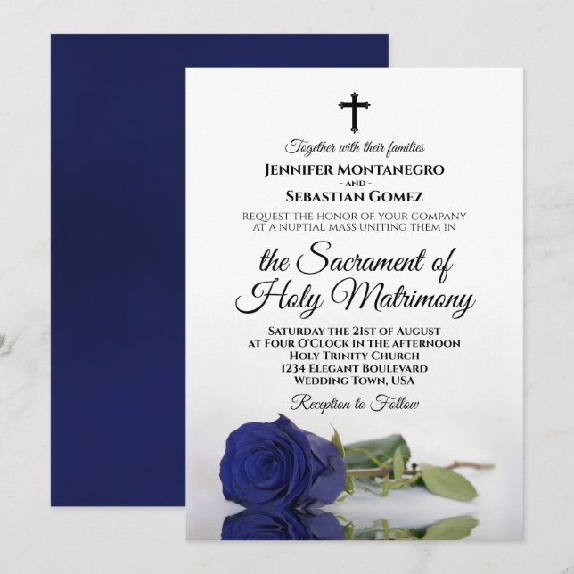 Invitación Elegante Boda católico Rosa azul de la Marina (Anverso / Reverso)
