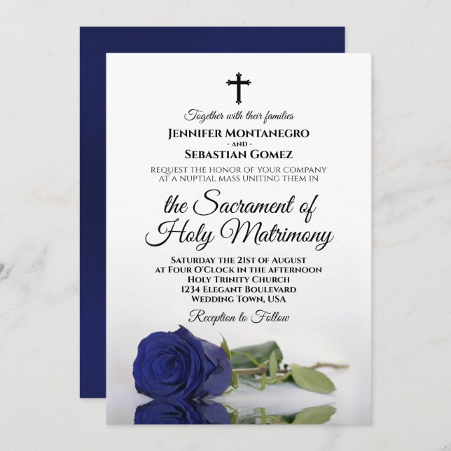 Invitación Elegante Boda católico Rosa azul de la Marina (Anverso / Reverso)