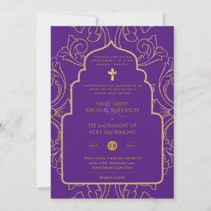 Invitación Elegante Boda católico todo en 1 morado de oro
