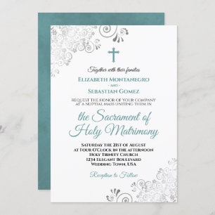 Invitación Elegante Boda católico Verde azulado y gris