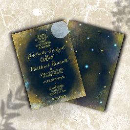 Invitación Elegante Boda Celeste de Luna Llena: Azul y Oro