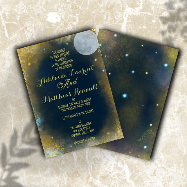Invitación Elegante Boda Celeste de Luna Llena: Azul y Oro (Subido por el creador)