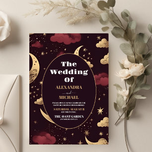Invitación Elegante Boda Celestial Burgundy Oro