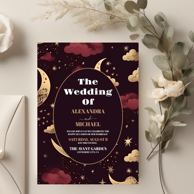 Invitación Elegante Boda Celestial Burgundy Oro (Subido por el creador)