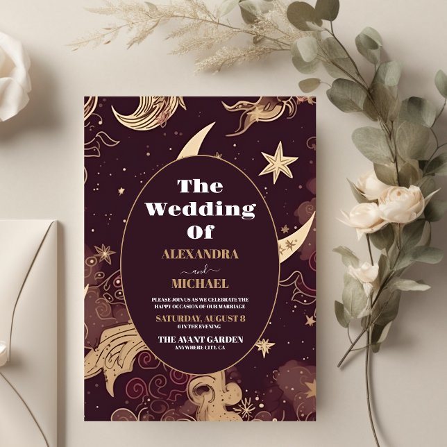 Invitación Elegante Boda Celestial de Borgoña Dorado (Subido por el creador)