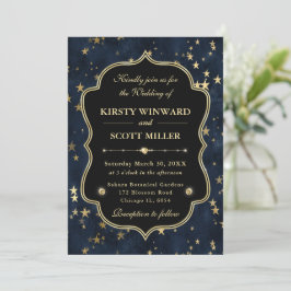 Invitación Elegante Boda Celestial de Estrellas en Azul Marin