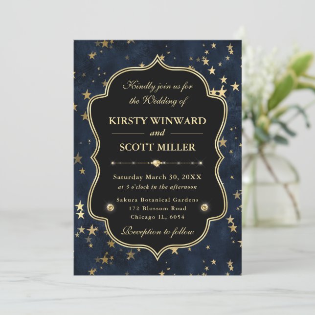 Invitación Elegante Boda Celestial de Estrellas en Azul Marin (Anverso de pie)