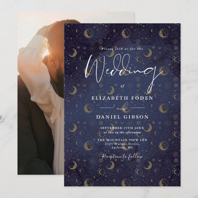 Invitación Elegante Boda Celestial de las Estrellas de Oro Mo (Anverso / Reverso)