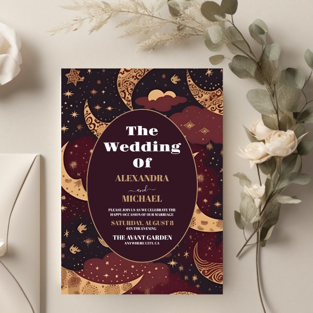 Invitación Elegante Boda Celestial de Oro Borgoña (Subido por el creador)